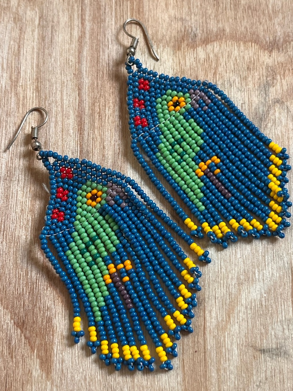 Handmade Beaded Parrot Fringe Earrings - Blue & Green